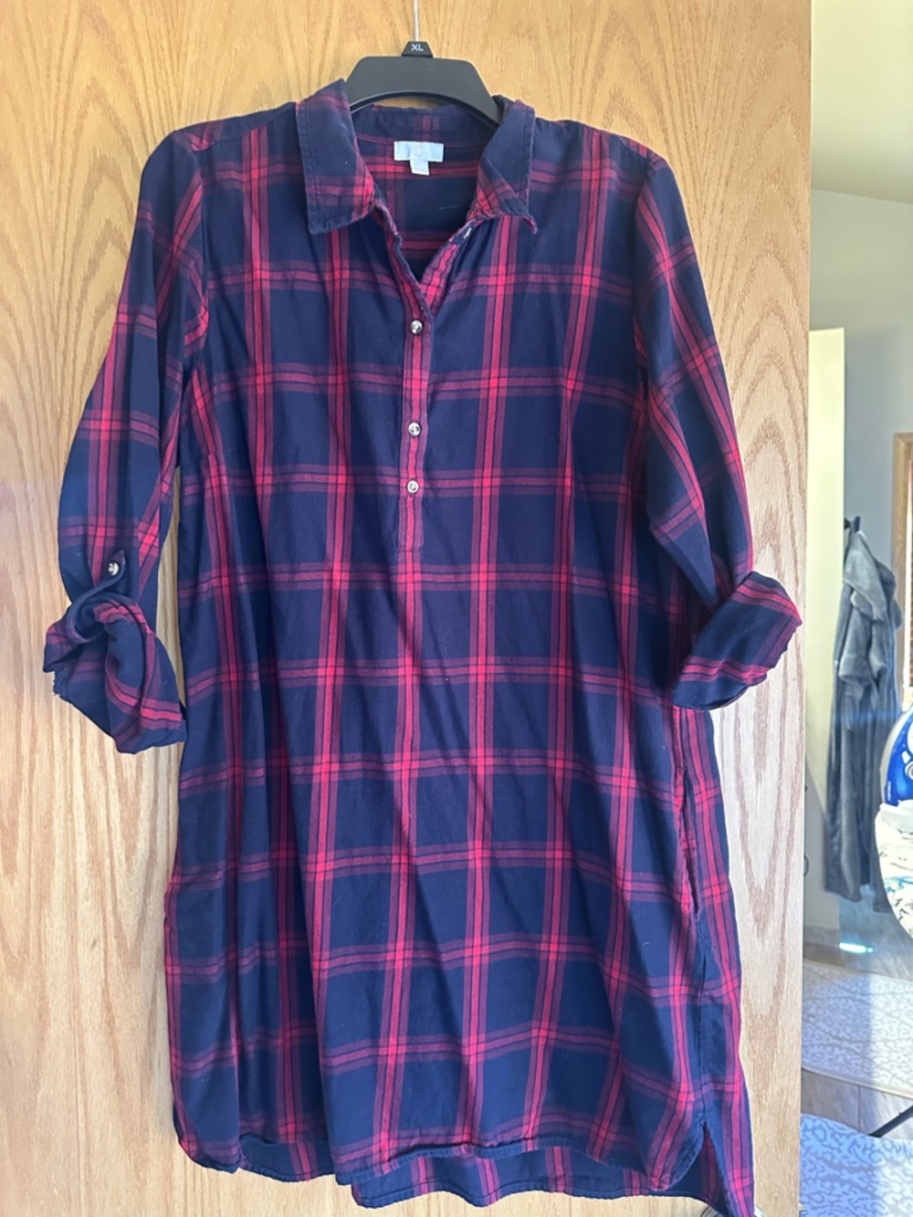 Navy and Red Plaid Button-Up Shirt Dress